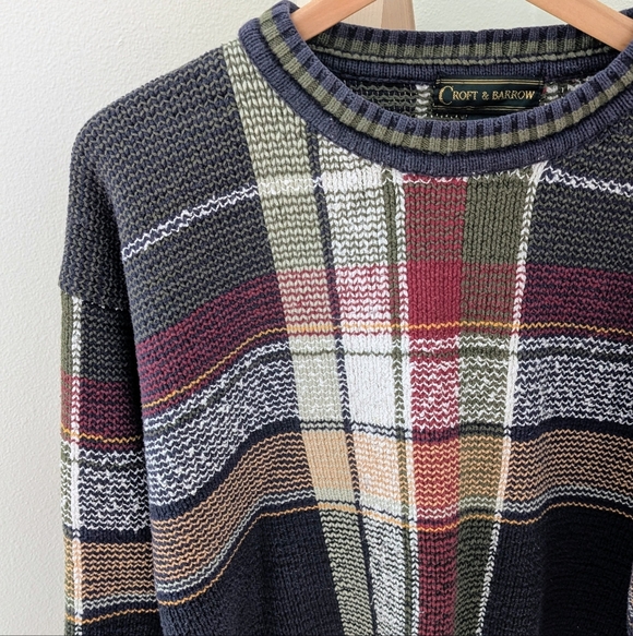 Vintage 90's Chunky Plaid Patterned Crewneck Sweater In Navy/Forest Green - Picture 4 of 9